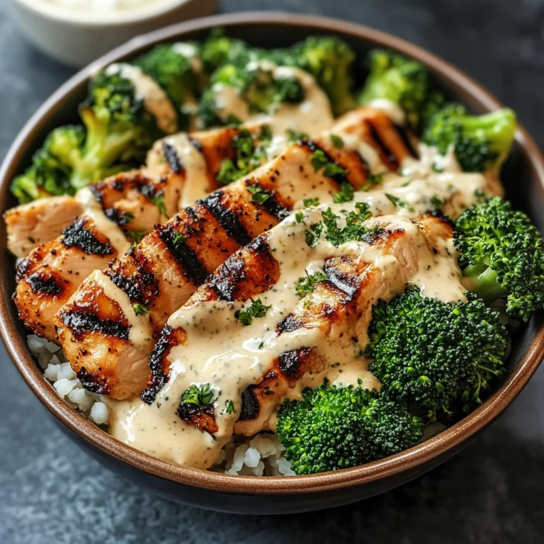 Grilled Chicken & Broccoli Bowls with Creamy Garlic Sauce